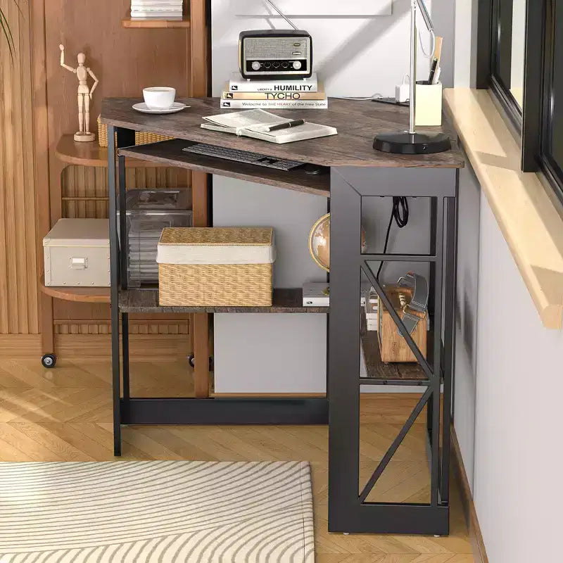 41" Corner Computer Desk with Storage Shelves and Charging Station, 2 AC Outlets, 2 USB Ports, Pull-Out Keyboard Tray