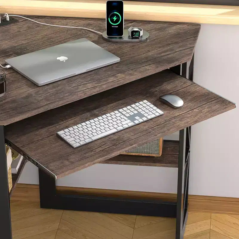 41" Corner Computer Desk with Storage Shelves and Charging Station, 2 AC Outlets, 2 USB Ports, Pull-Out Keyboard Tray