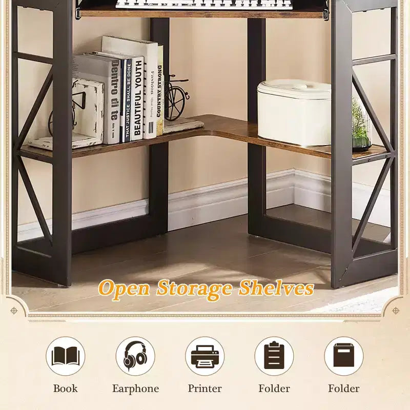 41" Corner Computer Desk with Storage Shelves and Charging Station, 2 AC Outlets, 2 USB Ports, Pull-Out Keyboard Tray
