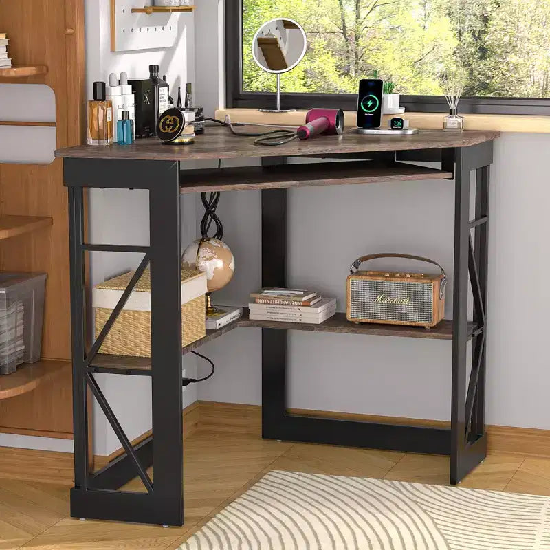 41" Corner Computer Desk with Storage Shelves and Charging Station, 2 AC Outlets, 2 USB Ports, Pull-Out Keyboard Tray