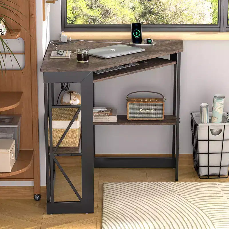 41" Corner Computer Desk with Storage Shelves and Charging Station, 2 AC Outlets, 2 USB Ports, Pull-Out Keyboard Tray