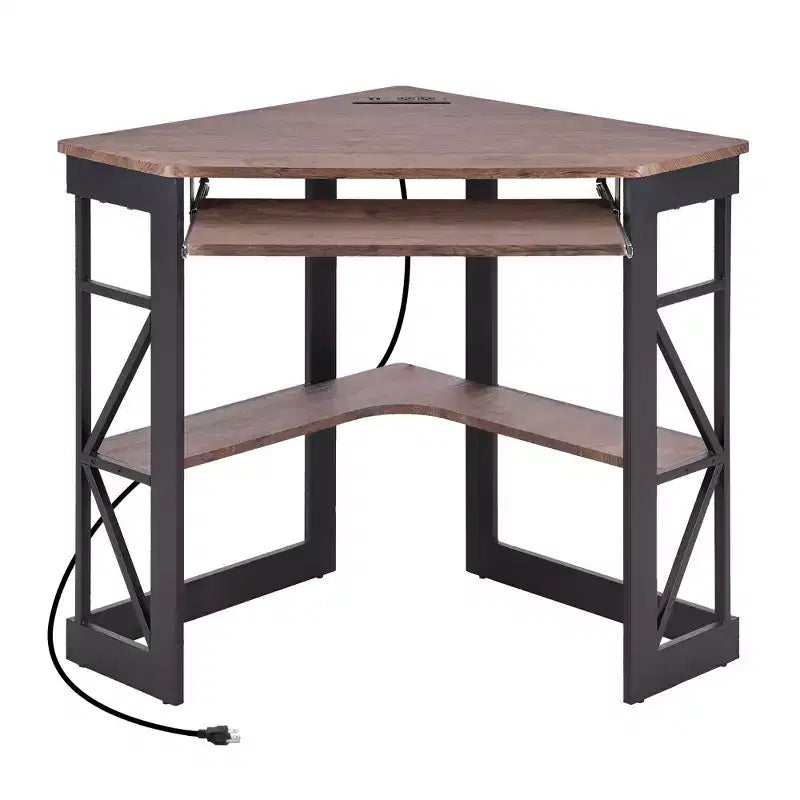 41" Corner Computer Desk with Storage Shelves and Charging Station, 2 AC Outlets, 2 USB Ports, Pull-Out Keyboard Tray