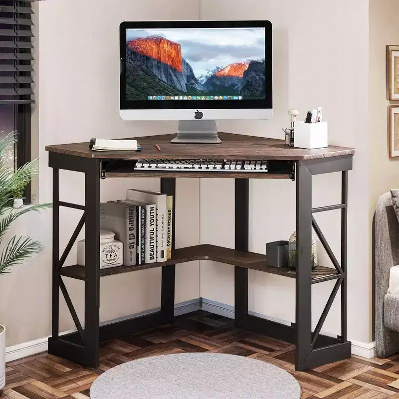 41" Corner Computer Desk with Storage Shelves and Charging Station, 2 AC Outlets, 2 USB Ports, Pull-Out Keyboard Tray