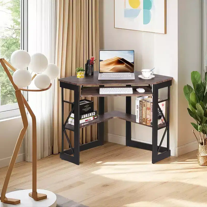 41" Corner Computer Desk with Storage Shelves and Charging Station, 2 AC Outlets, 2 USB Ports, Pull-Out Keyboard Tray