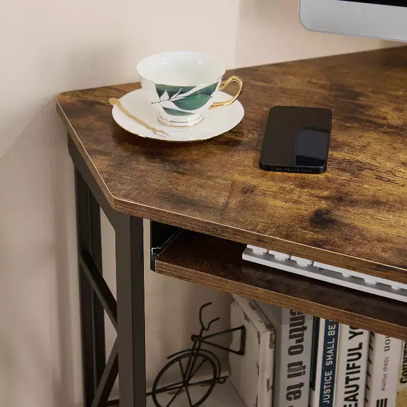 41" Corner Computer Desk with Storage Shelves and Charging Station, 2 AC Outlets, 2 USB Ports, Pull-Out Keyboard Tray
