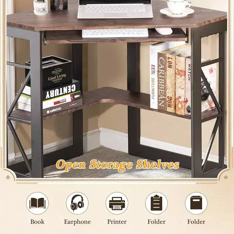 41" Corner Computer Desk with Storage Shelves and Charging Station, 2 AC Outlets, 2 USB Ports, Pull-Out Keyboard Tray