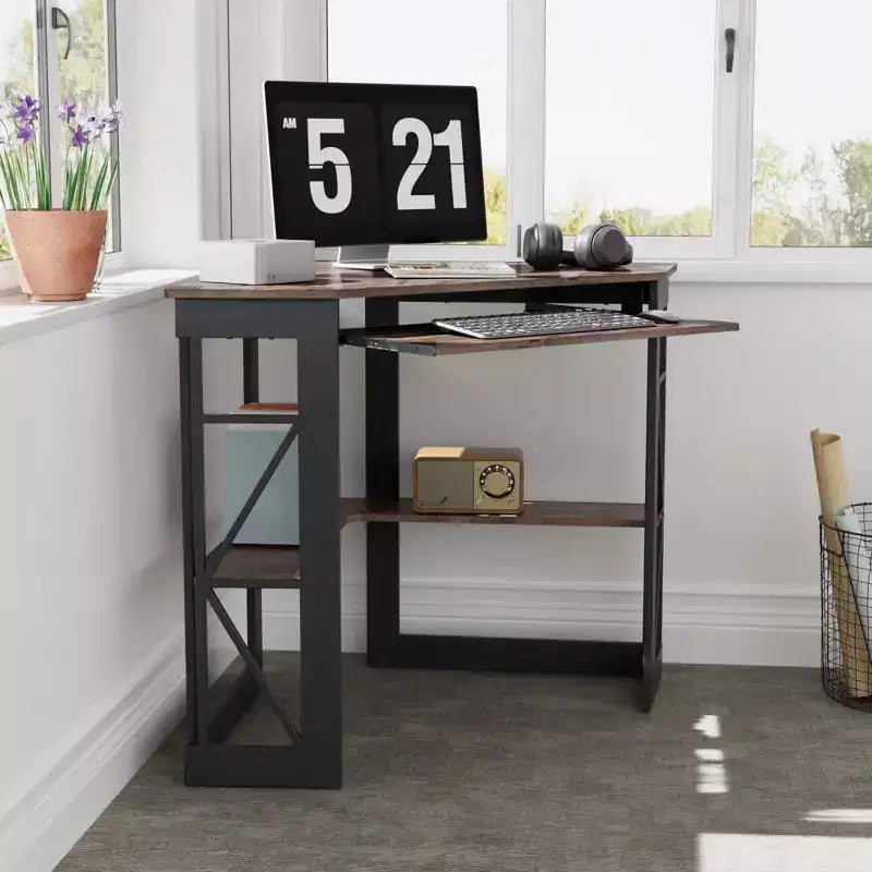 41" Corner Computer Desk with Storage Shelves and Charging Station, 2 AC Outlets, 2 USB Ports, Pull-Out Keyboard Tray