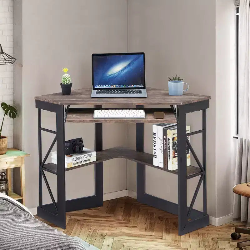 41" Corner Computer Desk with Storage Shelves and Charging Station, 2 AC Outlets, 2 USB Ports, Pull-Out Keyboard Tray