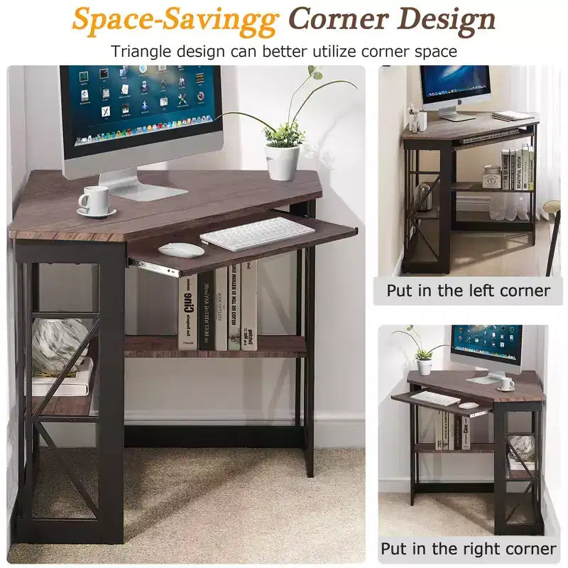 41" Corner Computer Desk with Storage Shelves and Charging Station, 2 AC Outlets, 2 USB Ports, Pull-Out Keyboard Tray