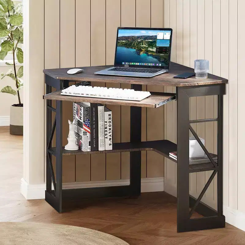 41" Corner Computer Desk with Storage Shelves and Charging Station, 2 AC Outlets, 2 USB Ports, Pull-Out Keyboard Tray