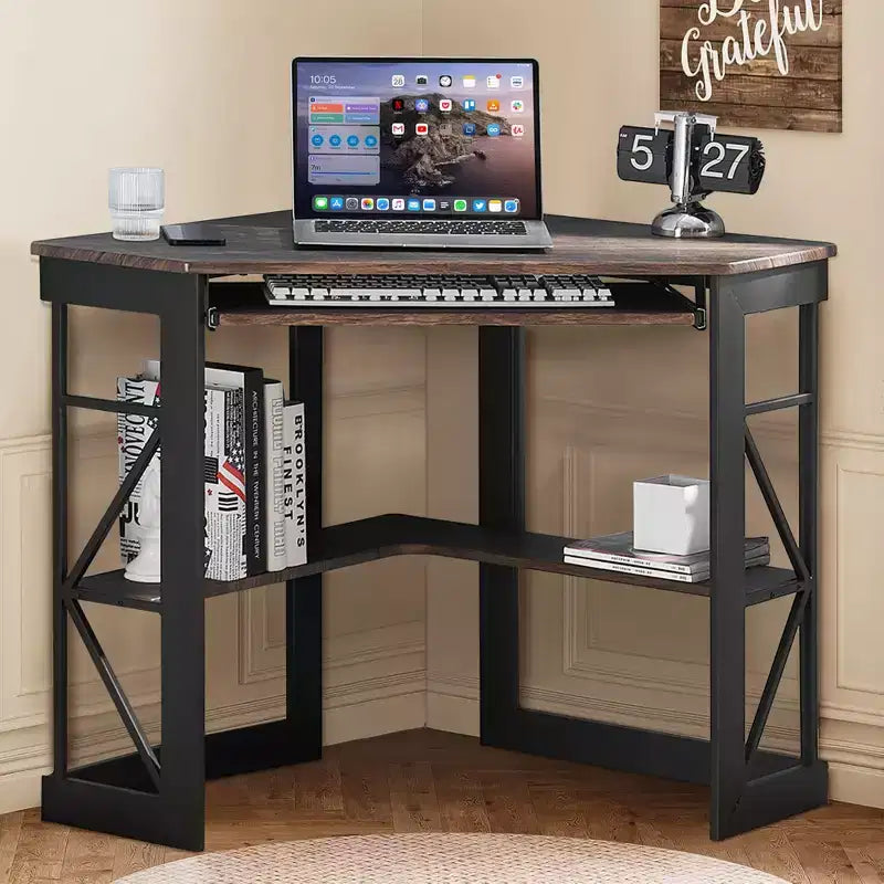 41" Corner Computer Desk with Storage Shelves and Charging Station, 2 AC Outlets, 2 USB Ports, Pull-Out Keyboard Tray
