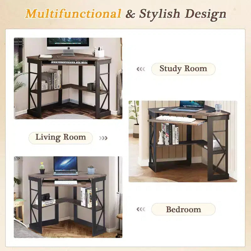41" Corner Computer Desk with Storage Shelves and Charging Station, 2 AC Outlets, 2 USB Ports, Pull-Out Keyboard Tray