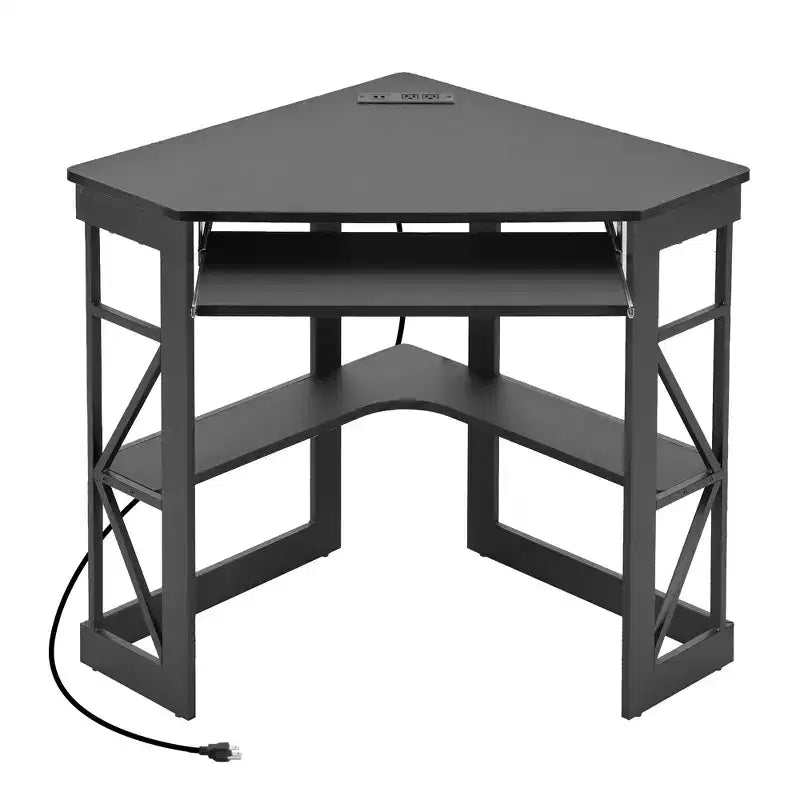 41" Corner Computer Desk with Storage Shelves and Charging Station, 2 AC Outlets, 2 USB Ports, Pull-Out Keyboard Tray