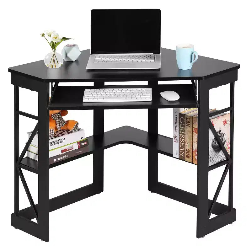 41" Corner Computer Desk with Storage Shelves and Charging Station, 2 AC Outlets, 2 USB Ports, Pull-Out Keyboard Tray