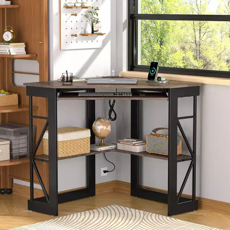 41" Corner Computer Desk with Storage Shelves and Charging Station, 2 AC Outlets, 2 USB Ports, Pull-Out Keyboard Tray