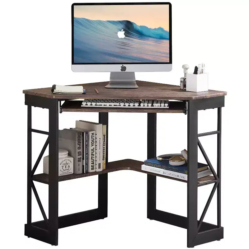 41" Corner Computer Desk with Storage Shelves and Charging Station, 2 AC Outlets, 2 USB Ports, Pull-Out Keyboard Tray