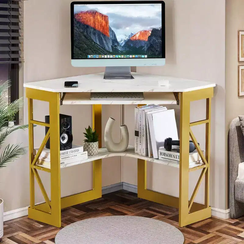 41" Corner Computer Desk with Storage Shelves and Charging Station, 2 AC Outlets, 2 USB Ports, Pull-Out Keyboard Tray