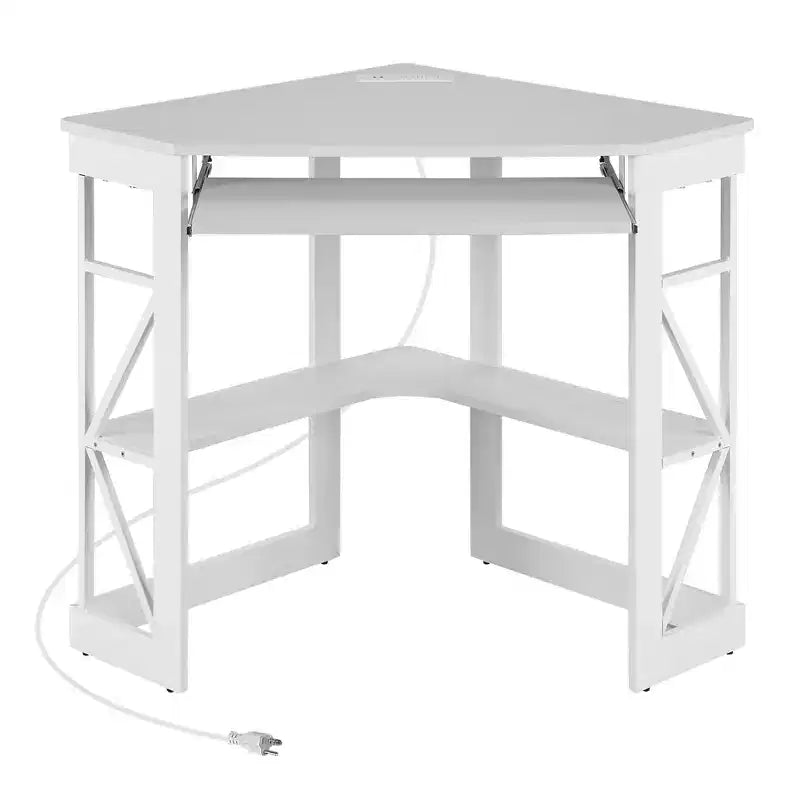 41" Corner Computer Desk with Storage Shelves and Charging Station, 2 AC Outlets, 2 USB Ports, Pull-Out Keyboard Tray