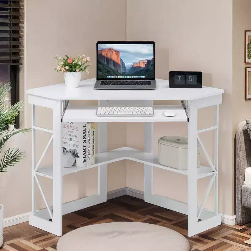 41" Corner Computer Desk with Storage Shelves and Charging Station, 2 AC Outlets, 2 USB Ports, Pull-Out Keyboard Tray