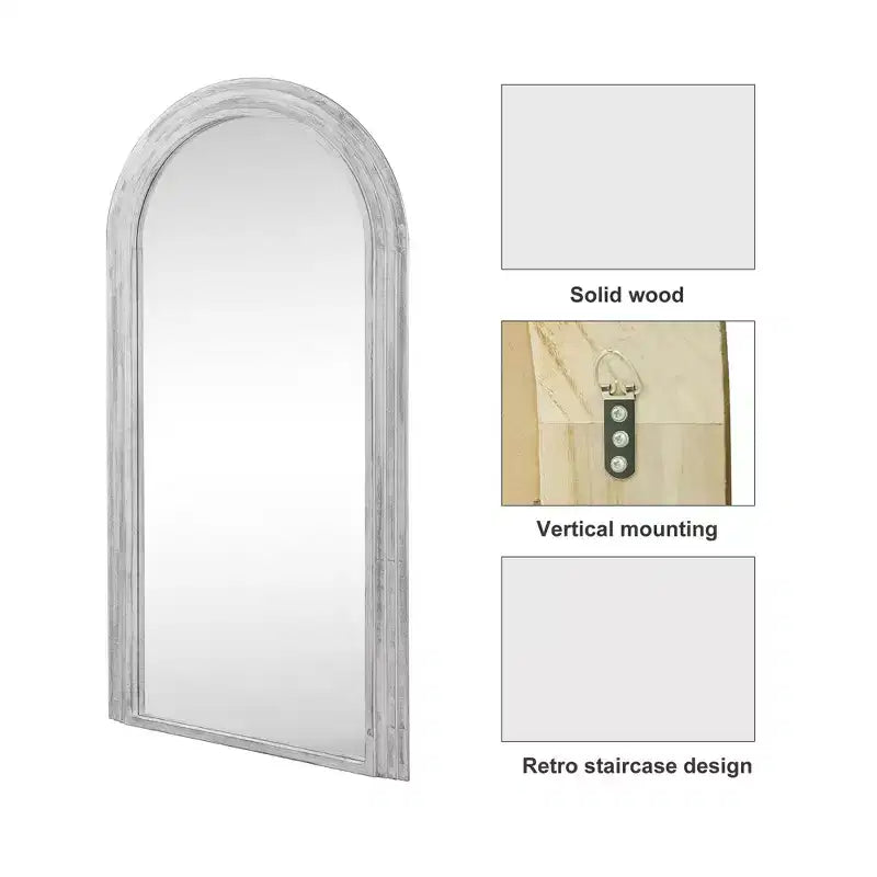 Arched Solid Wood Full Length Mirror, Staircase Frame Design, Charcoal Baked Finish