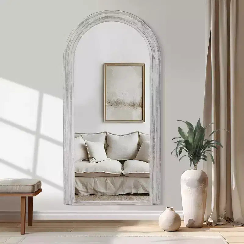 Arched Solid Wood Full Length Mirror, Staircase Frame Design, Charcoal Baked Finish
