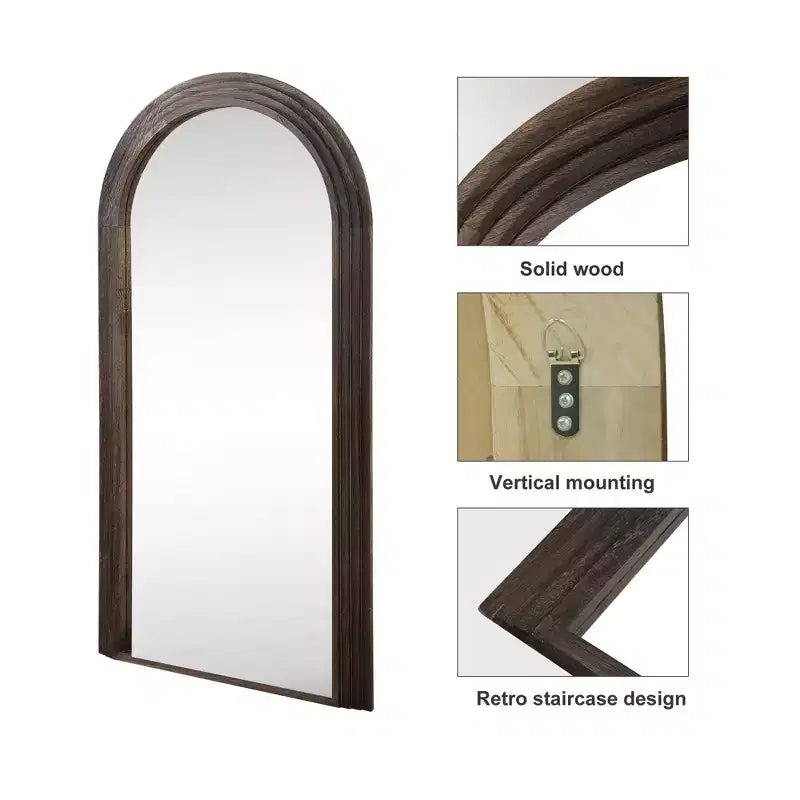 Arched Solid Wood Full Length Mirror, Staircase Frame Design, Charcoal Baked Finish