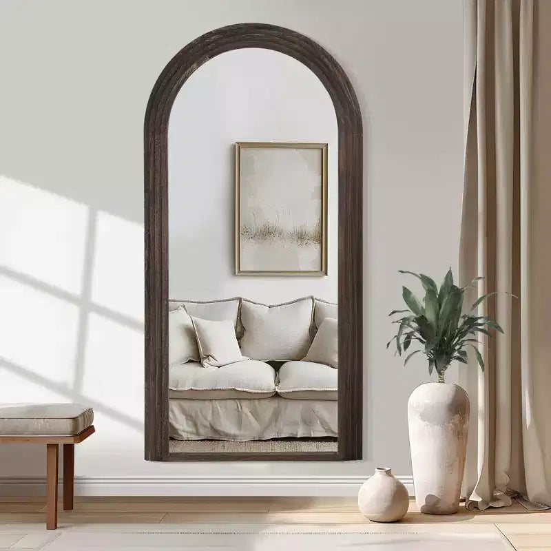 Arched Solid Wood Full Length Mirror, Staircase Frame Design, Charcoal Baked Finish