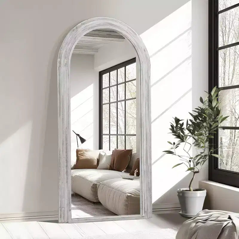 Arched Solid Wood Full Length Mirror, Staircase Frame Design, Charcoal Baked Finish