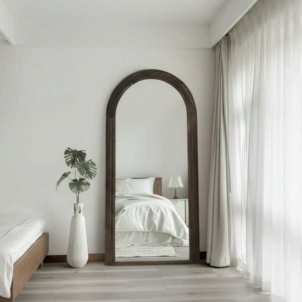 Arched Solid Wood Full Length Mirror, Staircase Frame Design, Charcoal Baked Finish