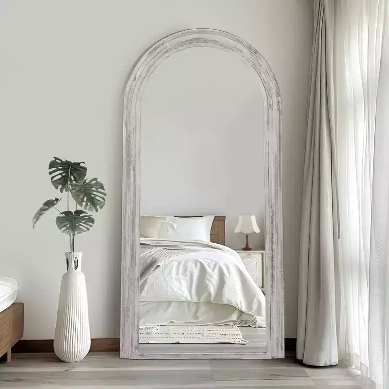 Arched Solid Wood Full Length Mirror, Staircase Frame Design, Charcoal Baked Finish