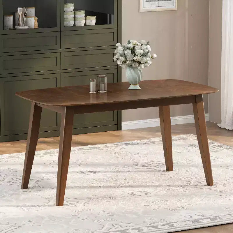 Mid-Century Rubberwood Dining Table – Walnut Finish, Splayed Legs