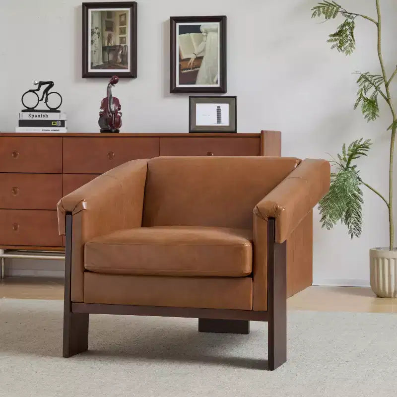 Mid-Century Modern Wooden Upholstered Accent Chair, Low Profile, Small Space Design