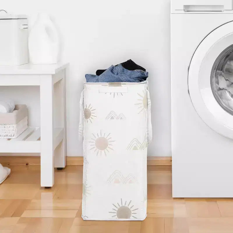 Foldable Laundry Hamper with Handles, Desert Sun Print, Pink & Beige, Collapsible with Lid