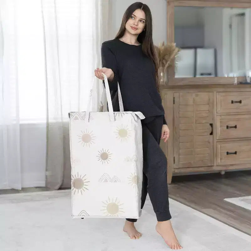 Foldable Laundry Hamper with Handles, Desert Sun Print, Pink & Beige, Collapsible with Lid