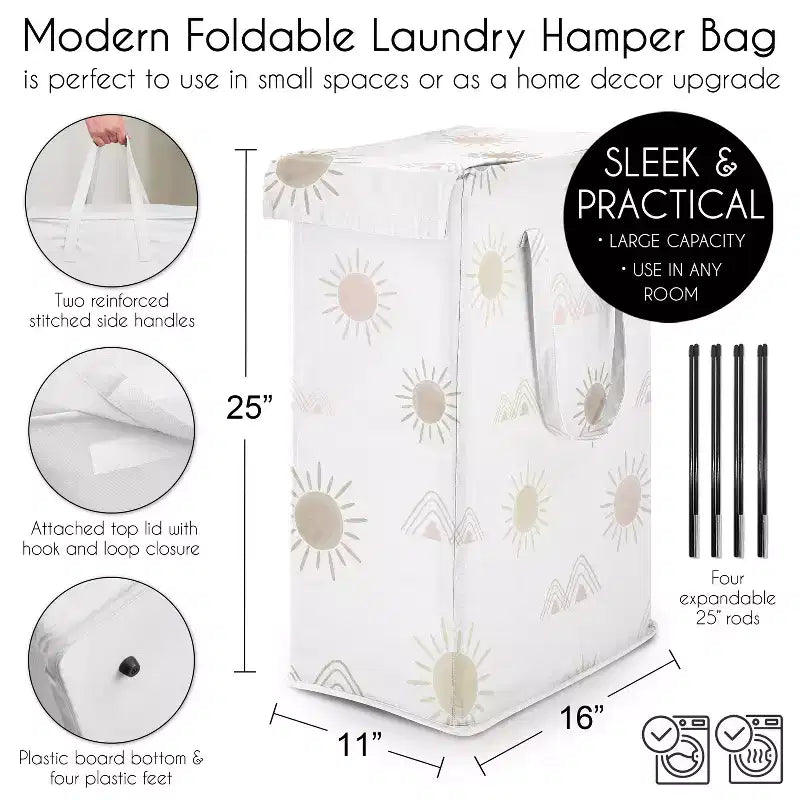 Foldable Laundry Hamper with Handles, Desert Sun Print, Pink & Beige, Collapsible with Lid