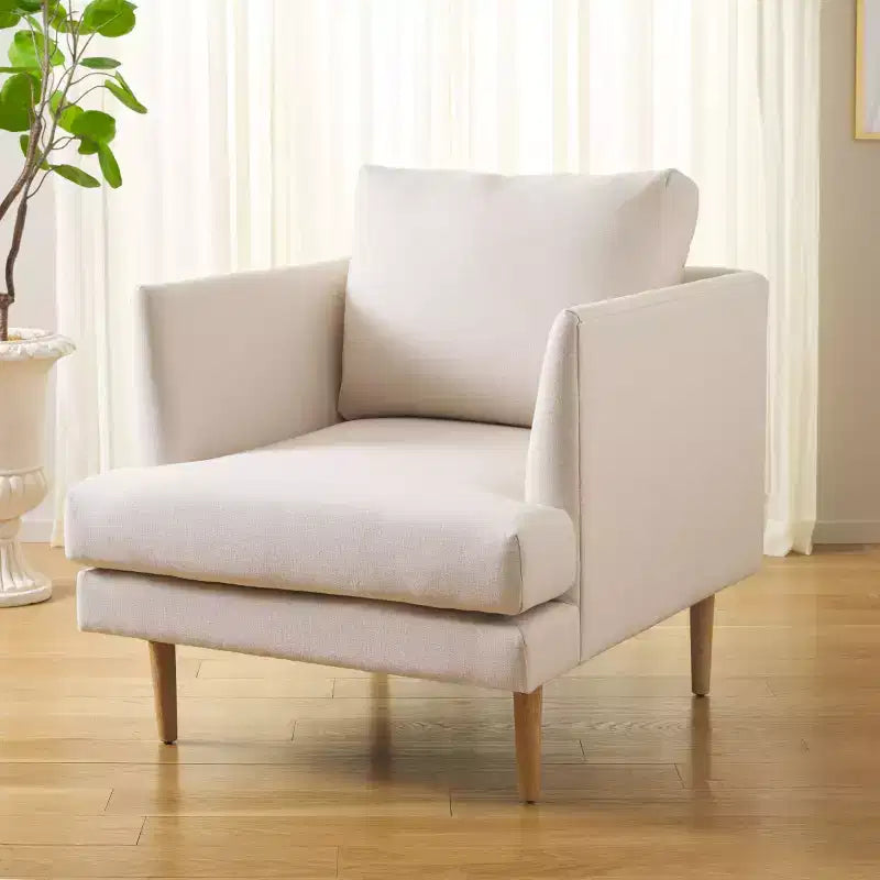 Accent Chair, Bone Linen Fabric with Walnut Wood Legs