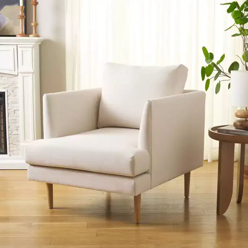 Accent Chair, Bone Linen Fabric with Walnut Wood Legs