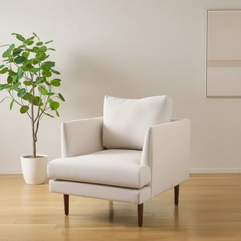Accent Chair, Bone Linen Fabric with Walnut Wood Legs