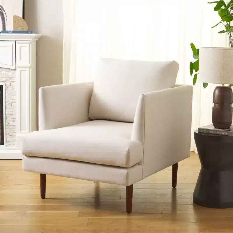 Accent Chair, Bone Linen Fabric with Walnut Wood Legs