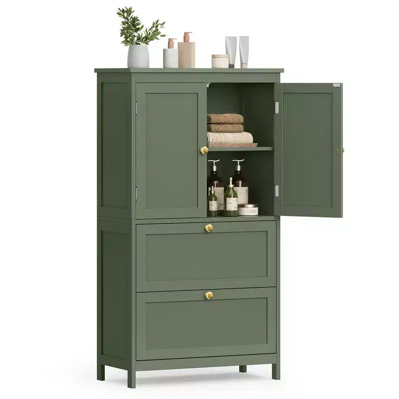 Bathroom Floor Storage Cabinet with 2 Drawers and 2 Doors, Freestanding, White MDF