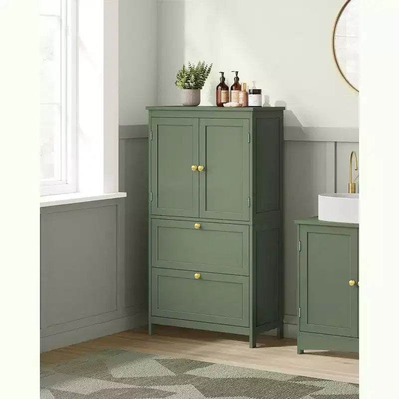 Bathroom Floor Storage Cabinet with 2 Drawers and 2 Doors, Freestanding, White MDF