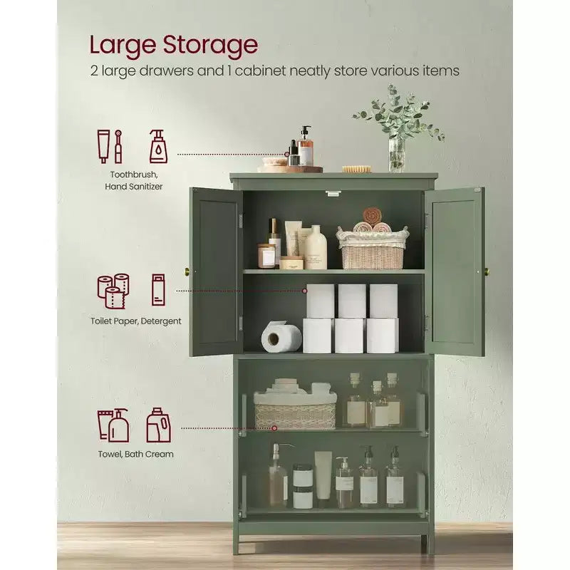 Bathroom Floor Storage Cabinet with 2 Drawers and 2 Doors, Freestanding, White MDF