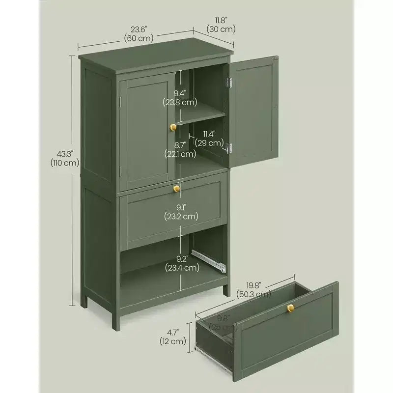 Bathroom Floor Storage Cabinet with 2 Drawers and 2 Doors, Freestanding, White MDF
