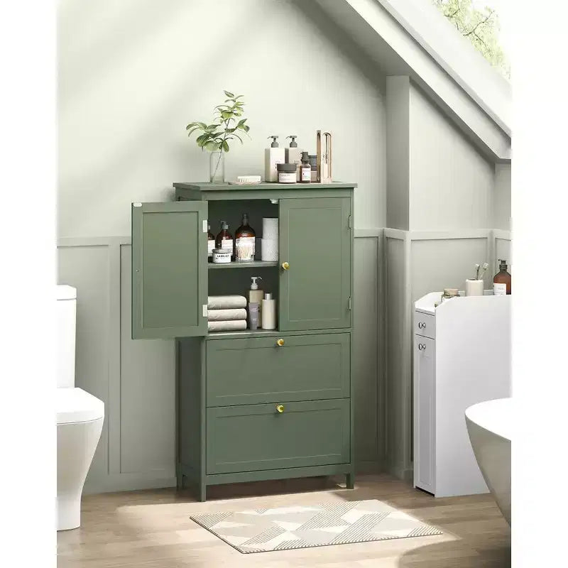 Bathroom Floor Storage Cabinet with 2 Drawers and 2 Doors, Freestanding, White MDF
