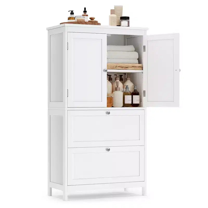 Bathroom Floor Storage Cabinet with 2 Drawers and 2 Doors, Freestanding, White MDF