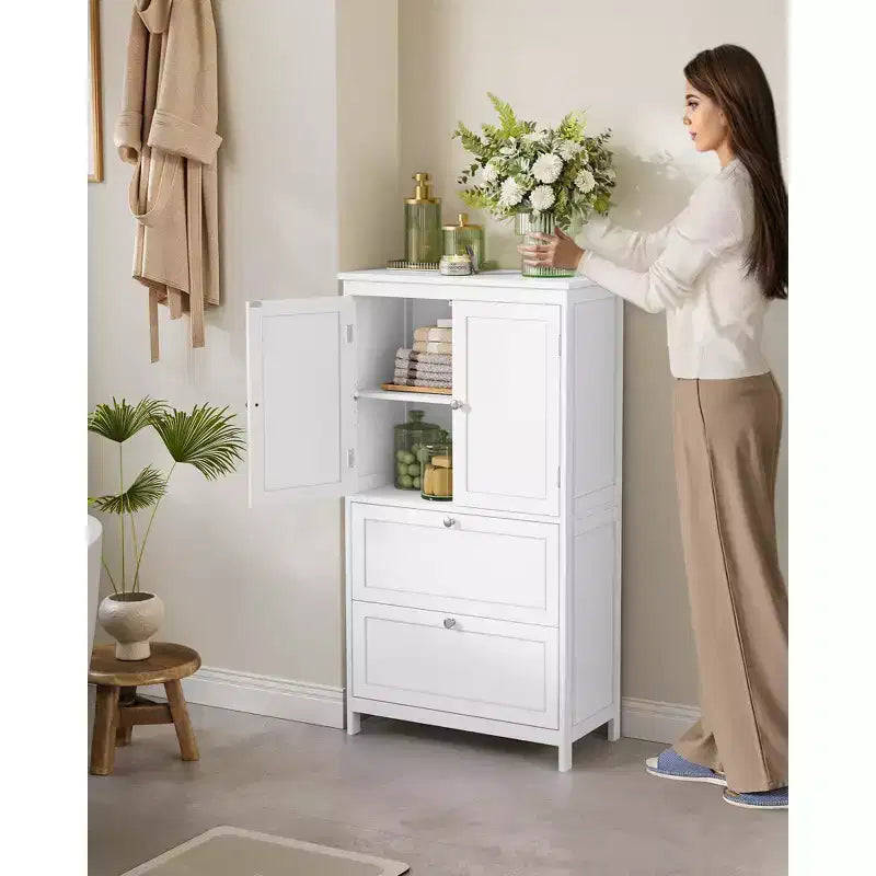 Bathroom Floor Storage Cabinet with 2 Drawers and 2 Doors, Freestanding, White MDF