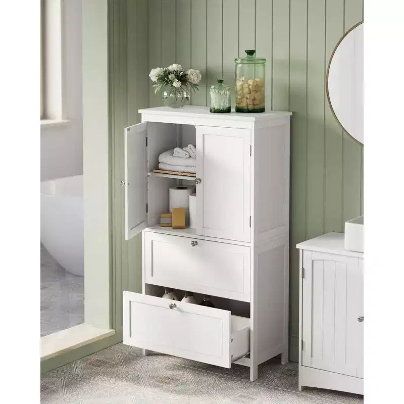 Bathroom Floor Storage Cabinet with 2 Drawers and 2 Doors, Freestanding, White MDF