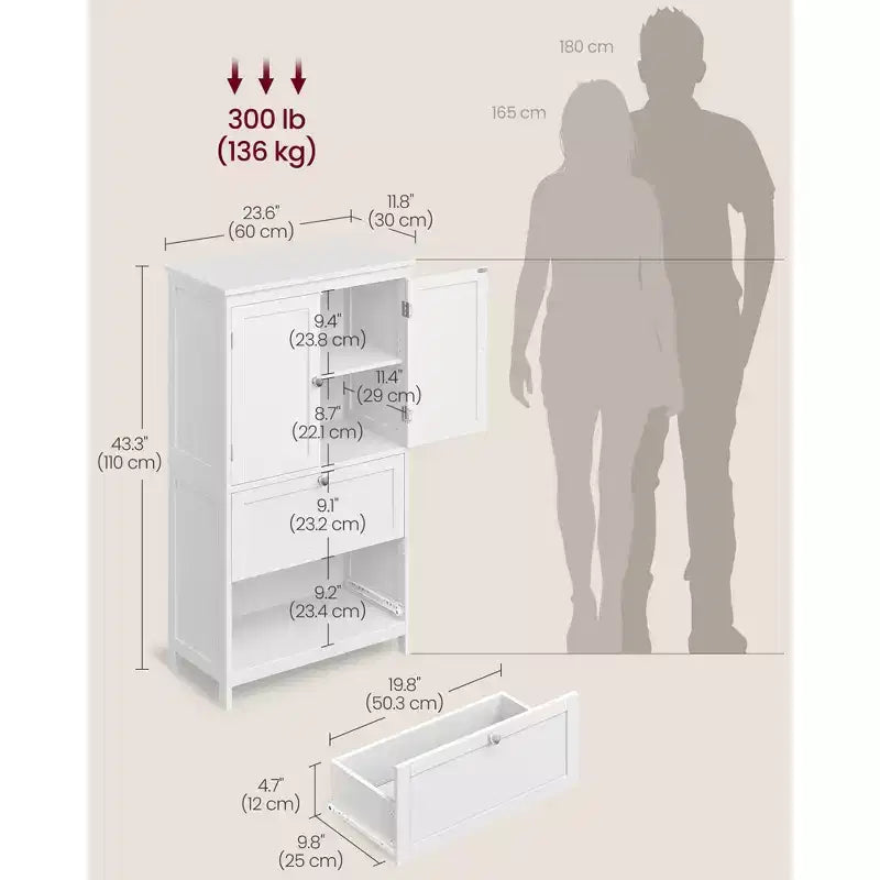 Bathroom Floor Storage Cabinet with 2 Drawers and 2 Doors, Freestanding, White MDF