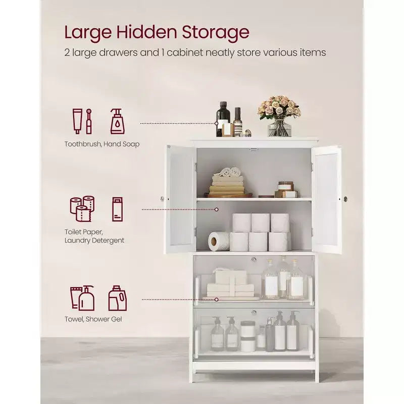 Bathroom Floor Storage Cabinet with 2 Drawers and 2 Doors, Freestanding, White MDF