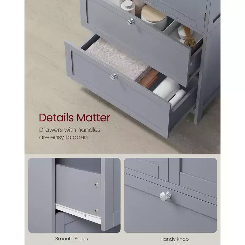 Bathroom Floor Storage Cabinet with 2 Drawers and 2 Doors, Freestanding, White MDF